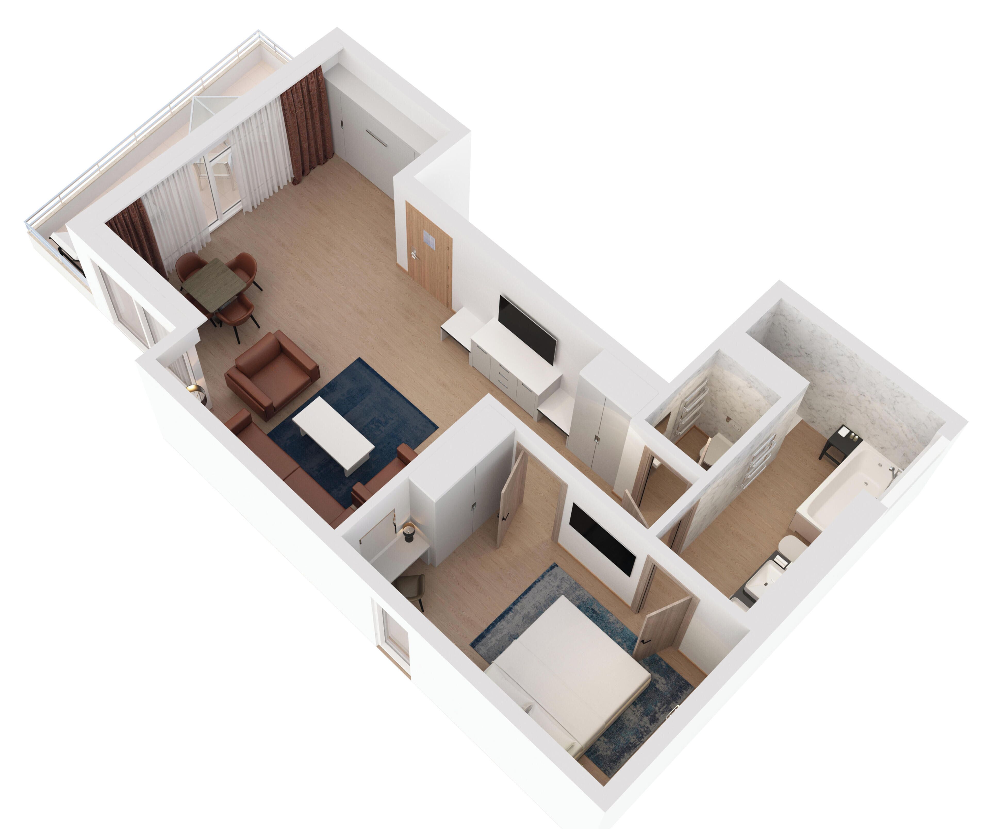 Plano de planta en 3D de un apartamento moderno con sala de estar, comedor, cocina, baño y balcón.