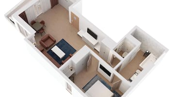Plano de planta en 3D de un apartamento moderno con sala de estar, comedor, cocina, baño y balcón.
