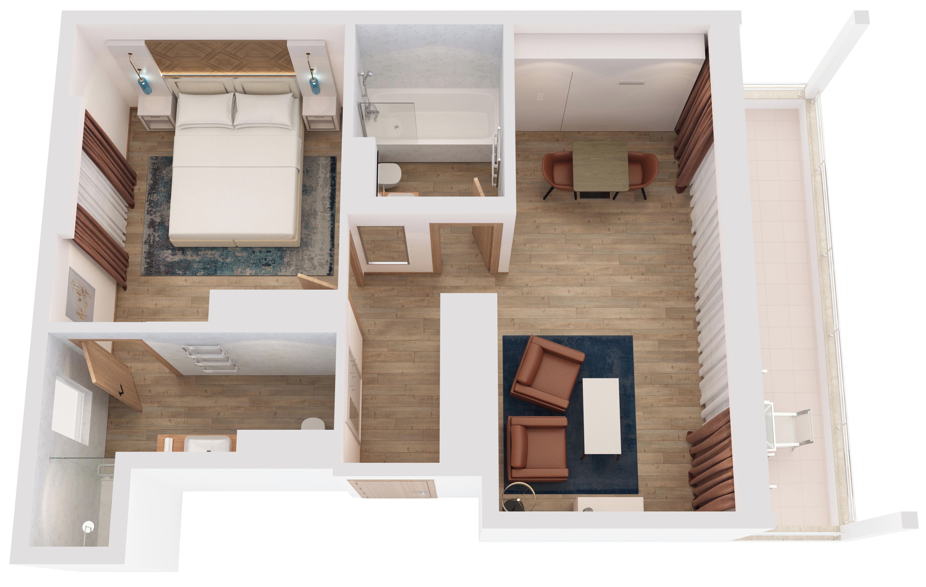 Un plan d’aménagement de chambre d’hôtel comprenant un lit, une salle de bain et un coin salon.