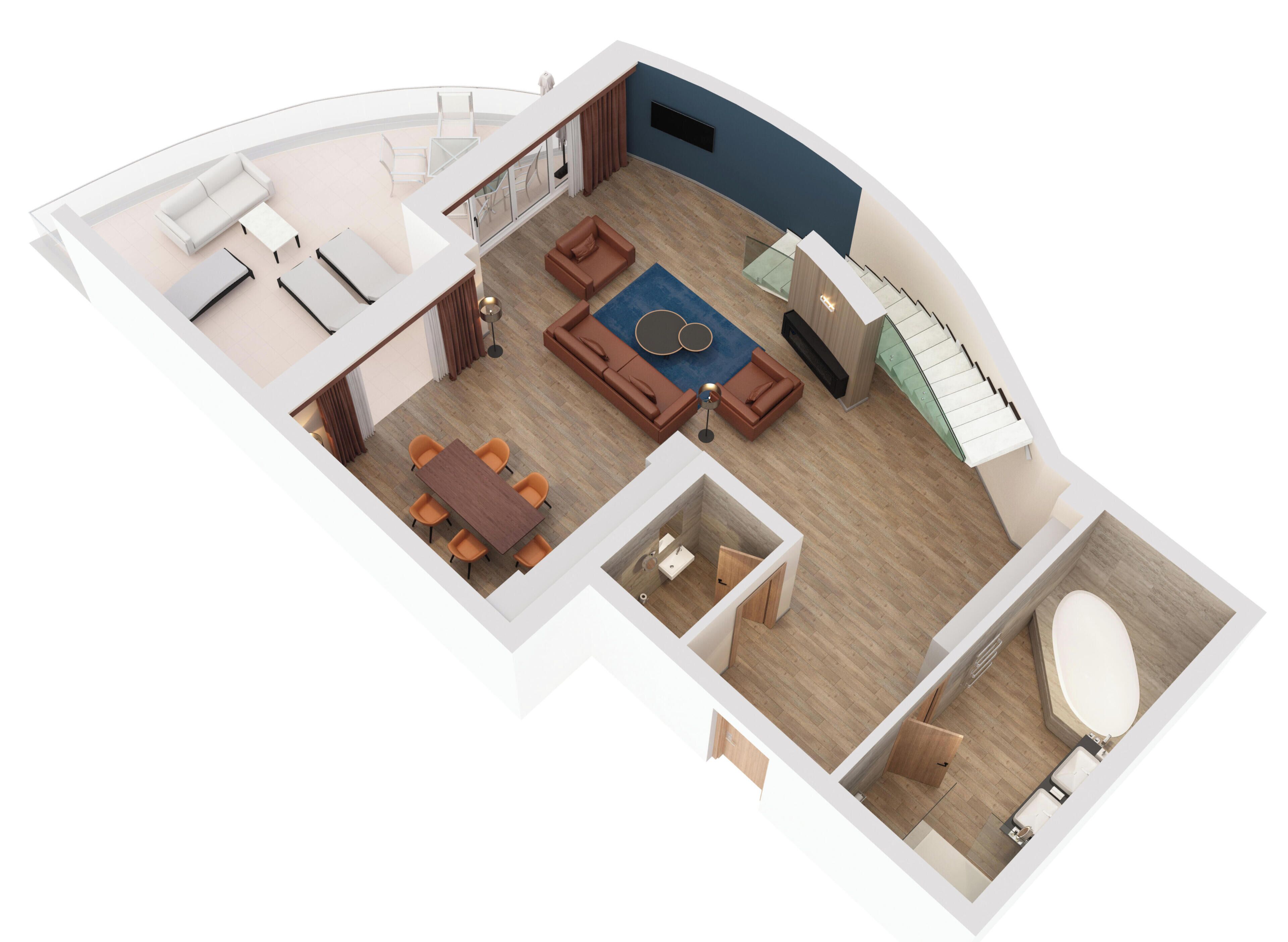 A 3D floor plan of a modern apartment with a living room, dining area, kitchen, and bathroom.