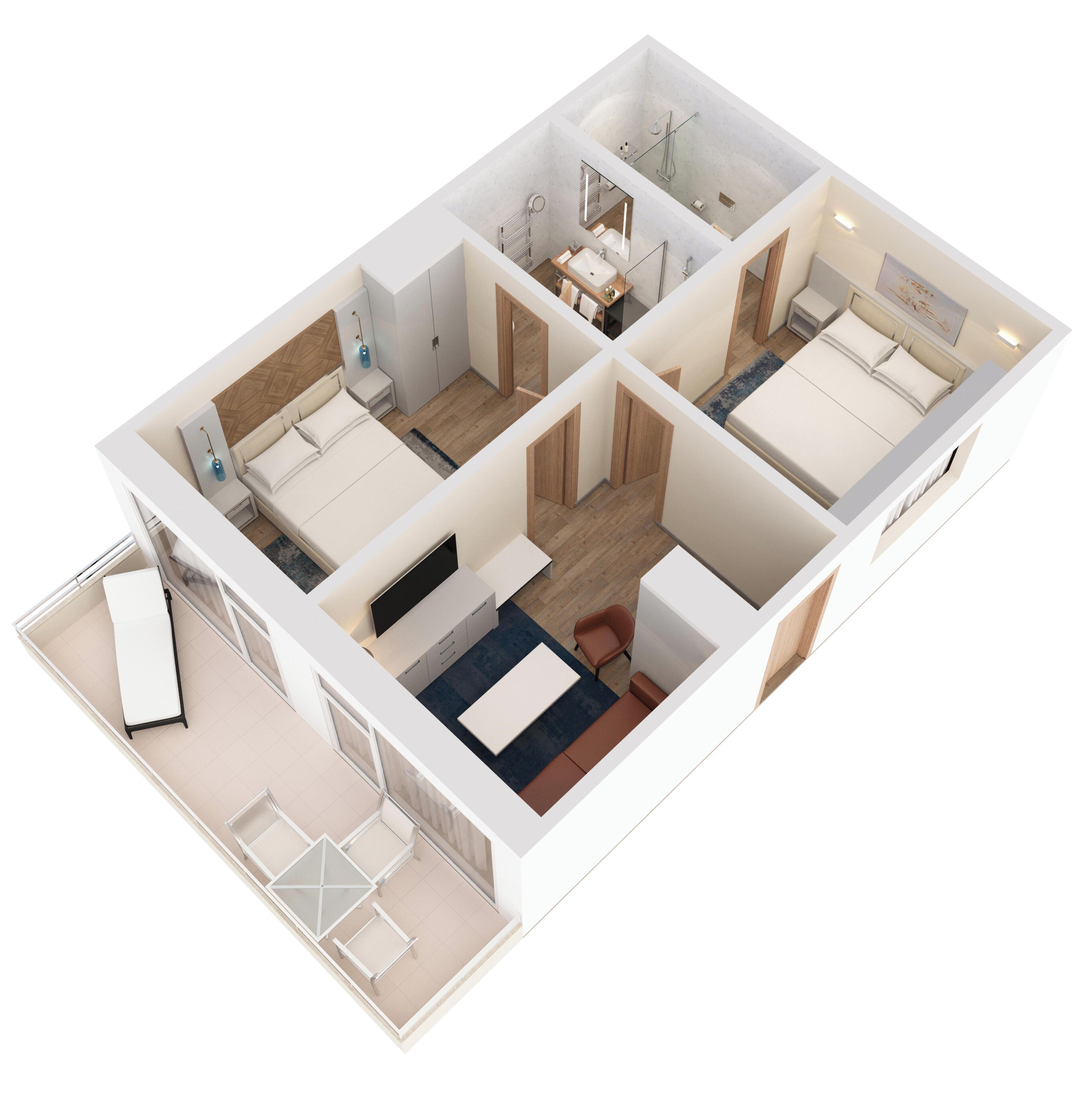 A modern apartment layout with a living room, kitchen, two bedrooms, and a bathroom.