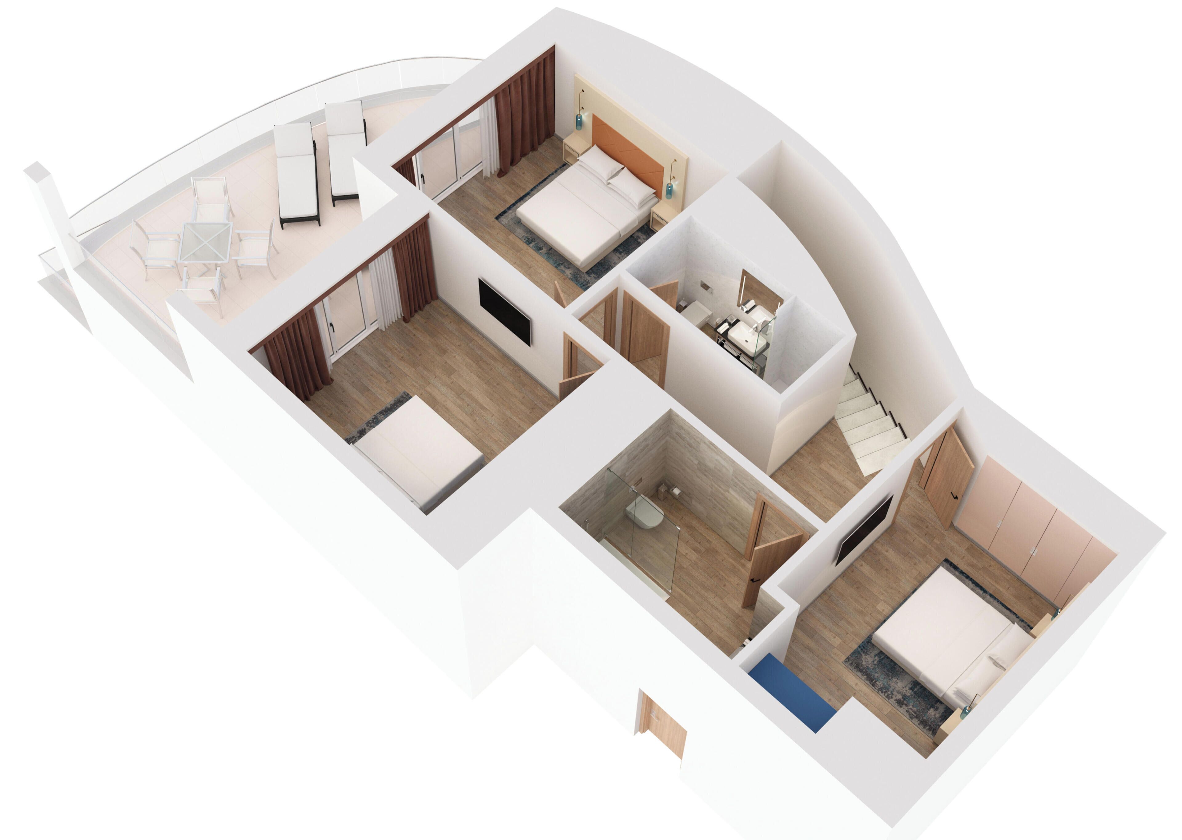 A 3D floor plan of a hotel room with a bed, a desk, a chair, a wardrobe, and a bathroom.