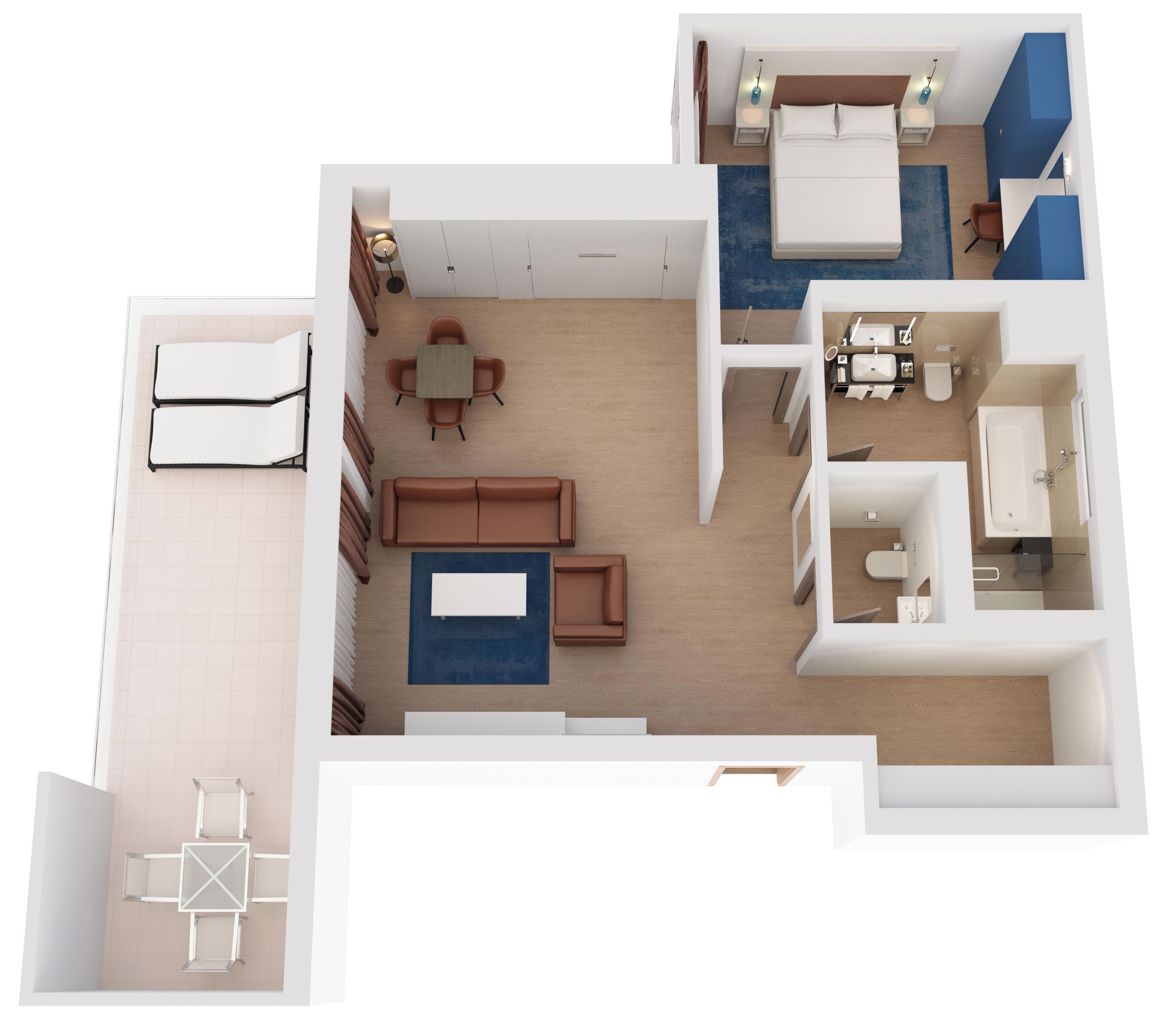 A hotel room layout with a bed, seating area, and bathroom.