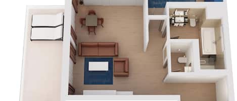 Distribución de una habitación de hotel con cama, zona de estar y baño.
