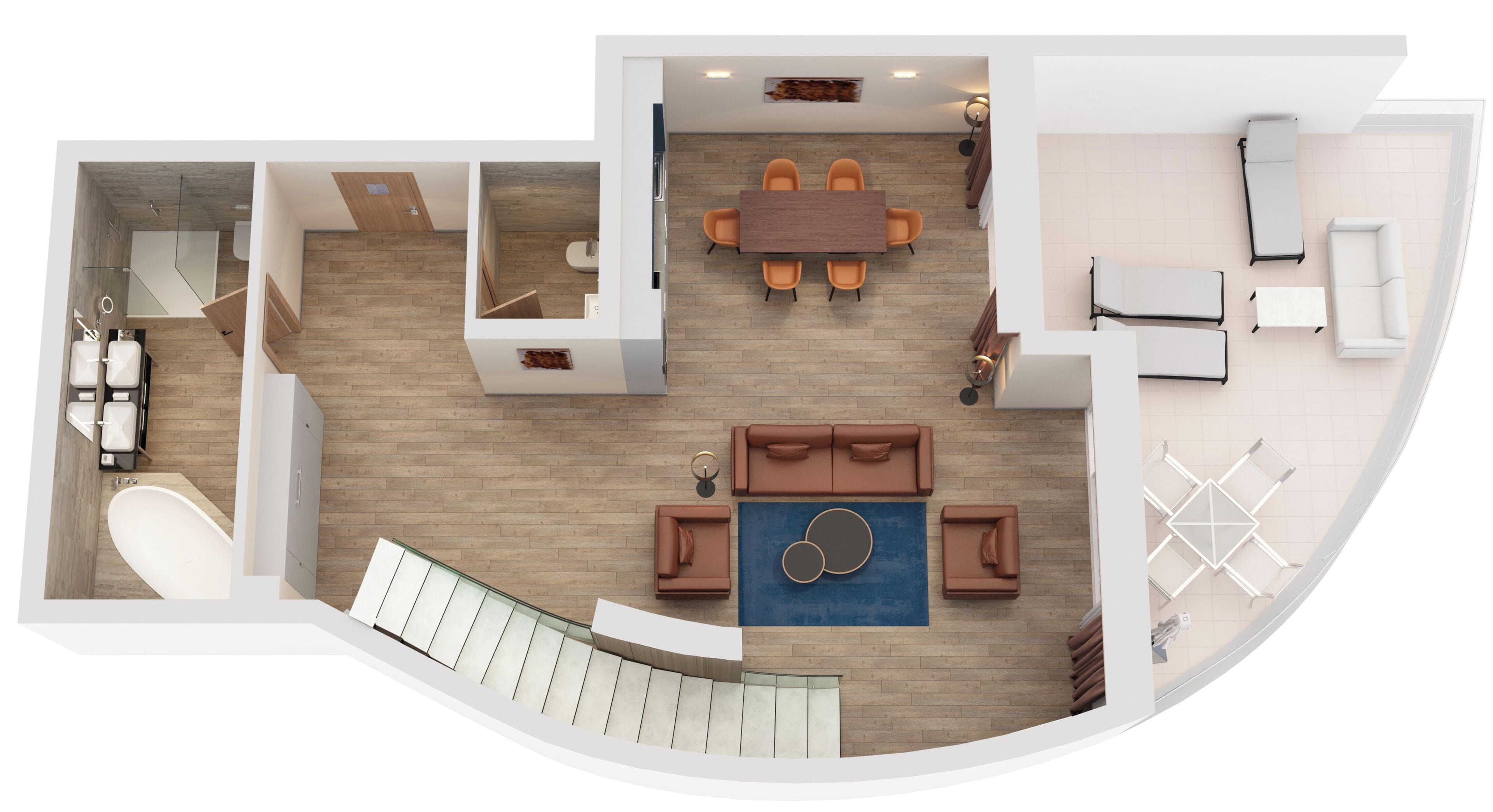 Distribución moderna de una habitación de hotel con baño, zona de comedor, sala de estar con sofá y mesa de centro, y balcón.