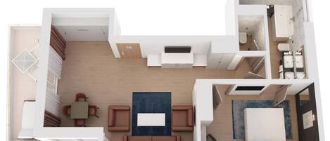 A modern apartment layout with a living room, dining area, kitchen, bathroom, and a balcony.