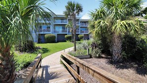 A pathway leading to a multi-story building with balconies, surrounded by lush greenery and palm trees. - Oceanfront Townhome w/ Pools, Pet-Friendly, Beach Access Right Out Back Door (Tybee Island)