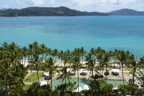 A resort with a pool surrounded by palm trees, a beach, and a view of the ocean.