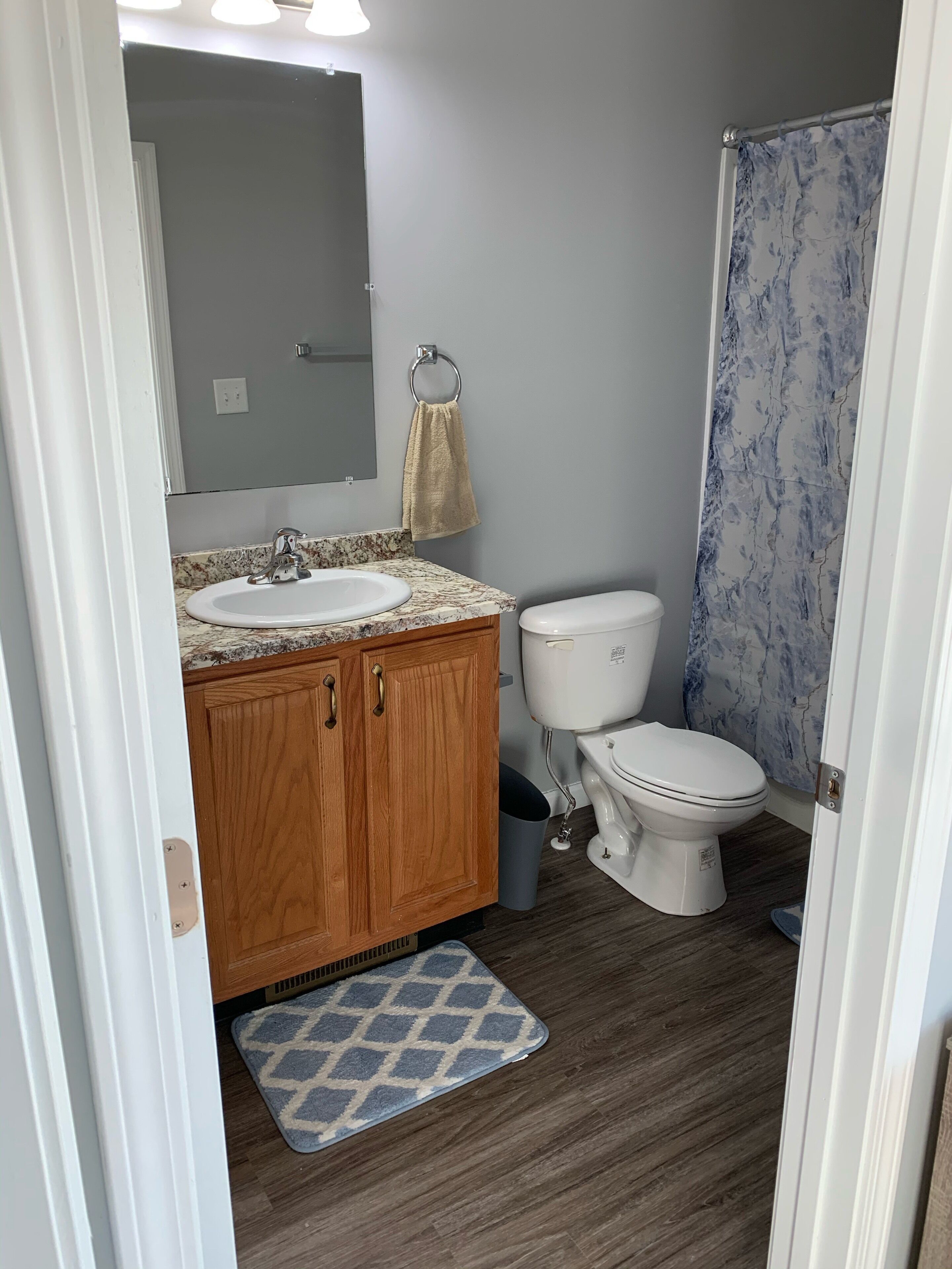 A bathroom with a sink, toilet, and shower.