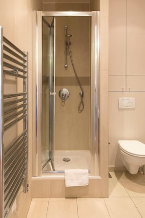 Shower, hair dryer, towels