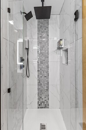 Shower, hair dryer, shampoo