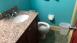 A bathroom with a granite countertop sink, a toilet, and a trash can.