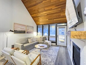 Smart TV, fireplace, books, printers