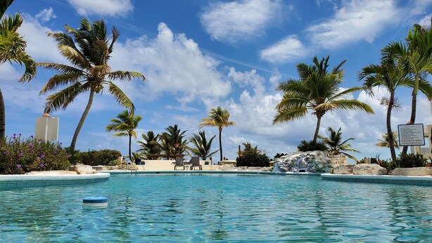 A pool area with palm trees, lounge chairs, and a clear blue sky. - Secluded Retreat, Unbelievable Ocean View, Beach Front (Providenciales)