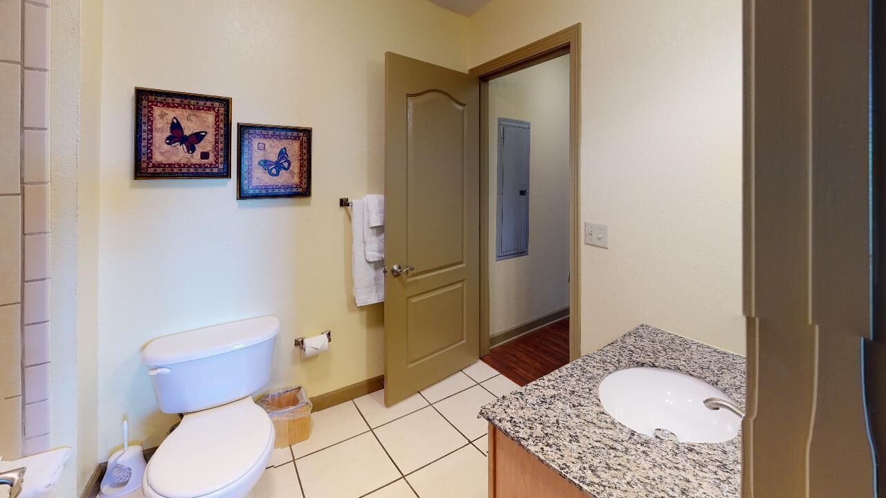 A bathroom with a toilet, sink, and two framed butterfly pictures on the wall.