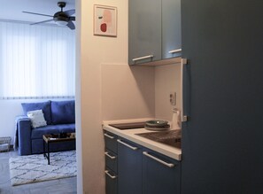 Fridge, stovetop, coffee/tea maker, electric kettle
