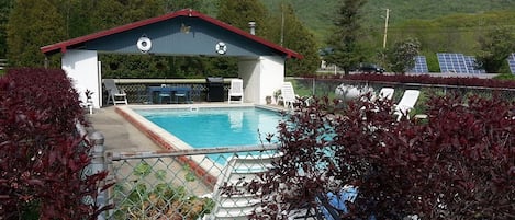 Seasonal outdoor pool, pool umbrellas, sun loungers