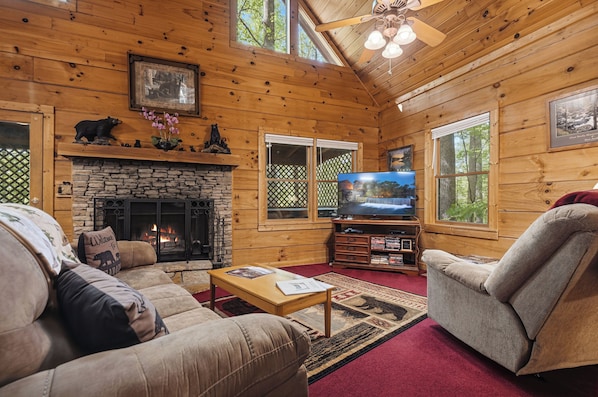 Smart TV, fireplace, video games, DVD player