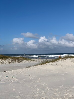 On the beach, sun loungers