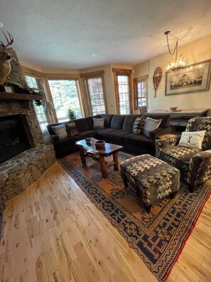 Smart TV, fireplace, books