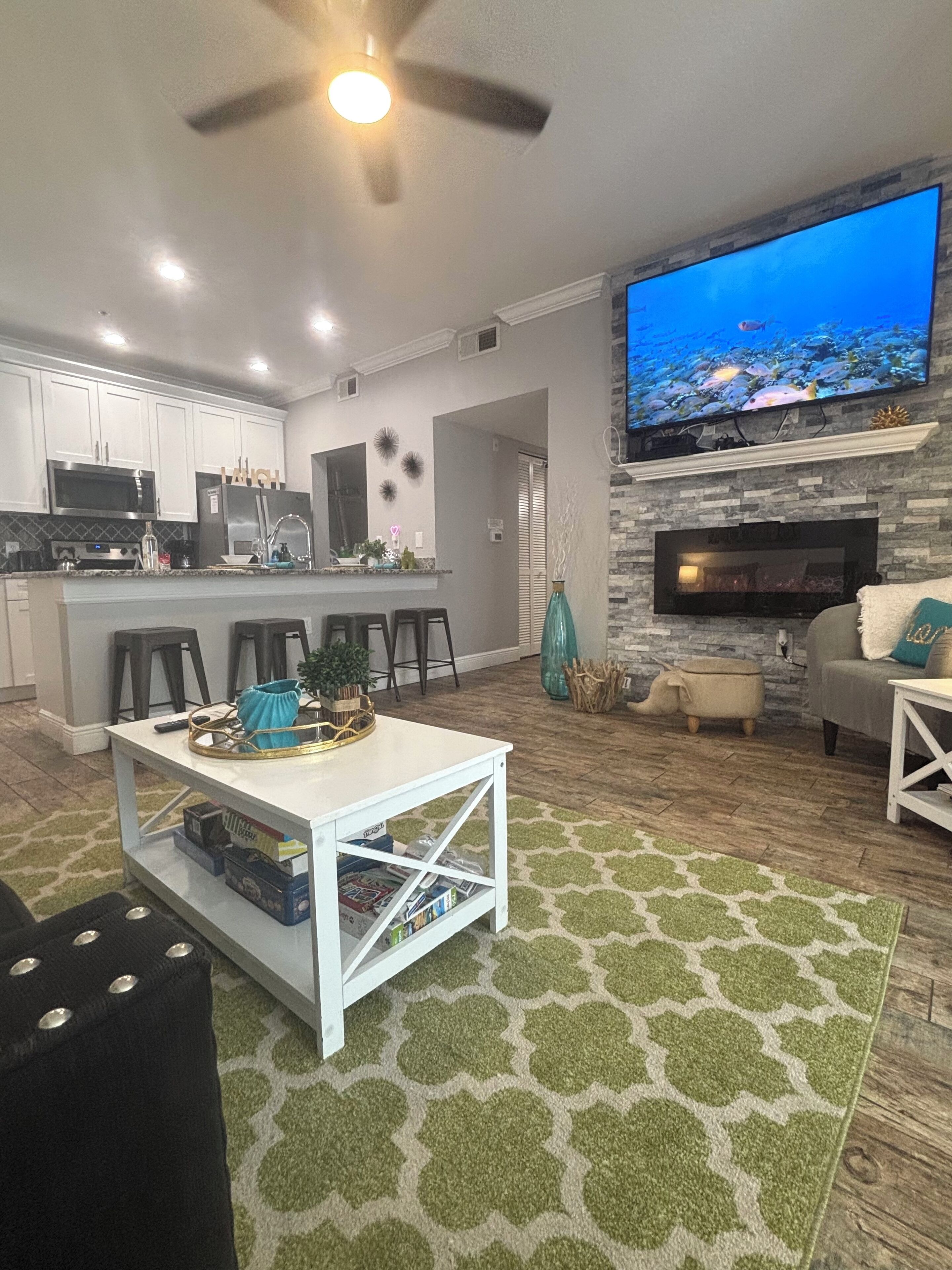 Smart TV, fireplace, books
