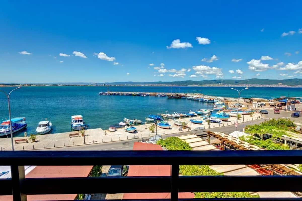 A marina with boats docked, a pier extending into the water, and a clear view of the coastline.