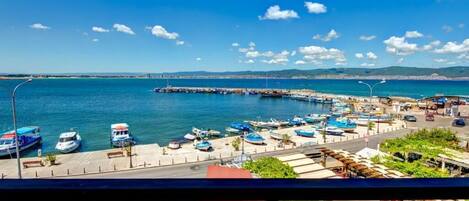 A marina with boats docked, a pier extending into the water, and a clear view of the coastline.