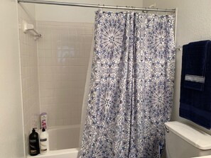 Hair dryer, towels, soap, shampoo