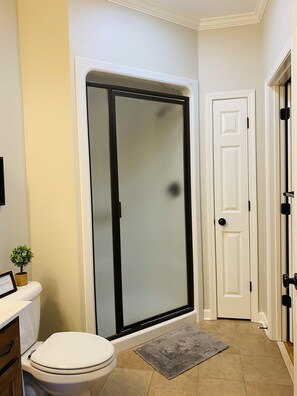 Combined shower/bathtub, hair dryer, towels, soap