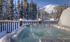 Un jacuzzi rodeado de árboles cubiertos de nieve y una montaña al fondo.