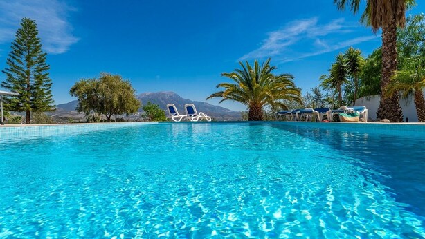 Une piscine d’un bleu éclatant, bordée de chaises longues et entourée de palmiers, le tout niché au milieu des montagnes.