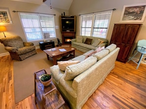 Smart TV, fireplace, DVD player, books