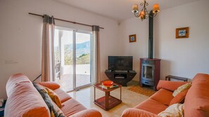 Televisión, chimenea, reproductor de DVD y estéreo 