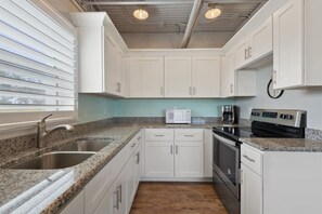 A kitchen with white cabinets, granite countertops, stainless steel appliances, and a window with blinds.