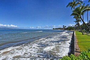 Una playa cerca, sillas reclinables de playa, toallas de playa