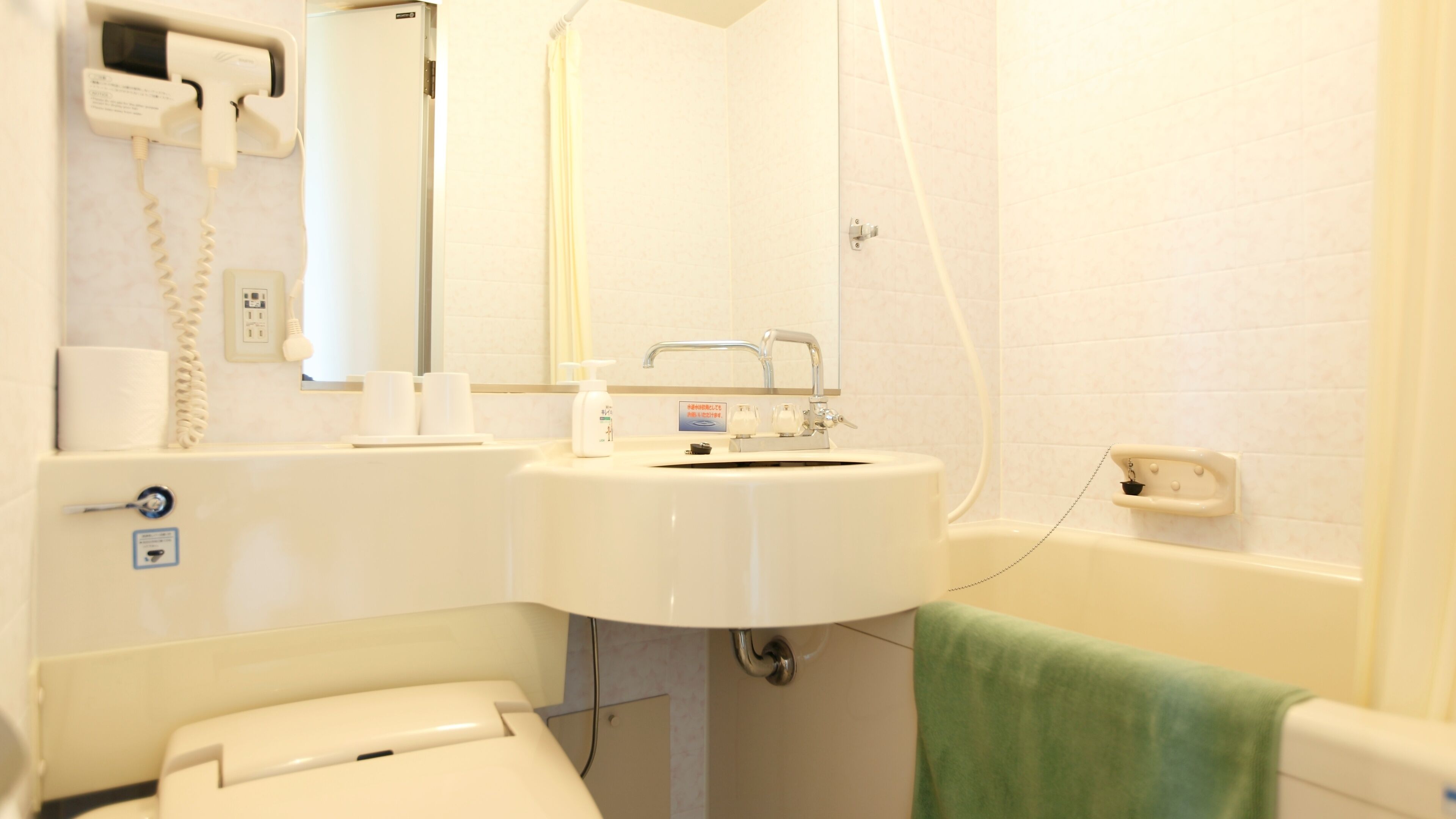 Une salle de bain équipée de toilettes, d’un lavabo, d’un miroir et d’une douche.