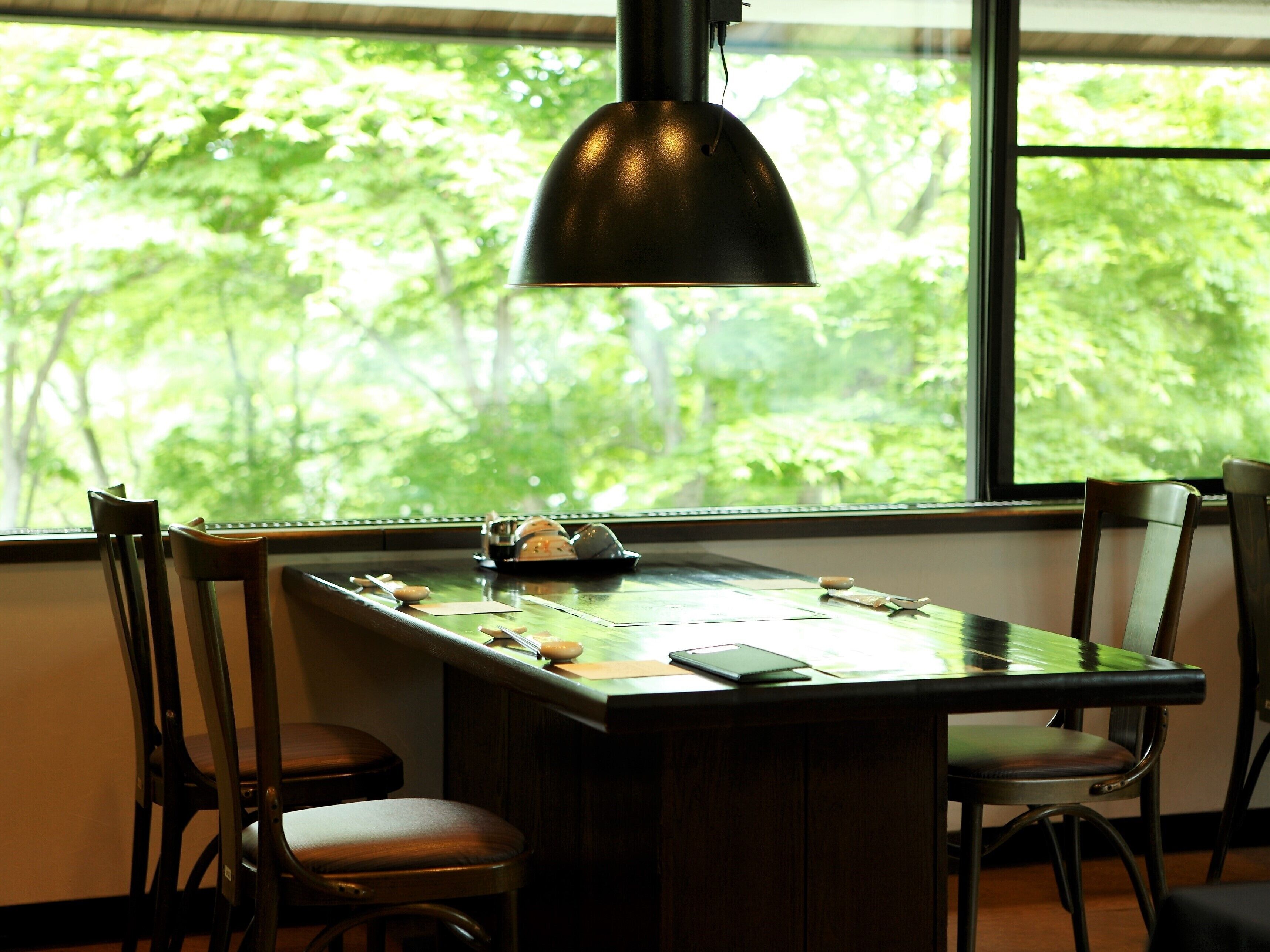 A dining table with chairs, a pendant light, and a window with a view of trees.