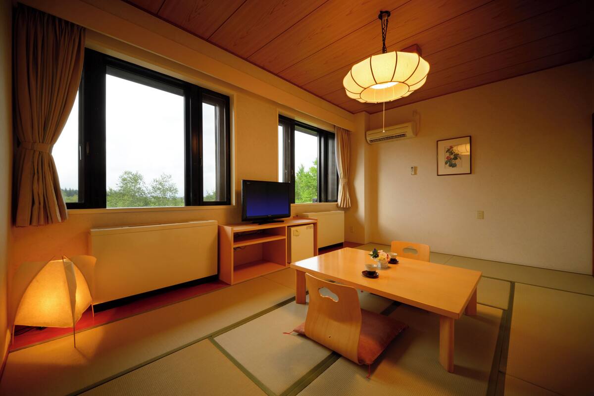 Een kamer met een houten plafond, een televisie op een meubel, een eettafel met stoelen en grote ramen met gordijnen.