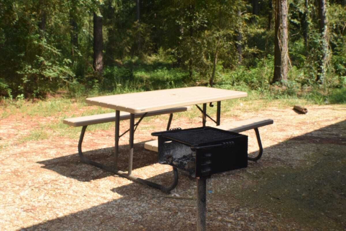 Una mesa de picnic con bancos y una parrilla en una zona boscosa.