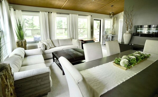 TV connectée, cheminée, livres, imprimantes