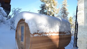Una sauna de madera parcialmente cubierta de nieve, con una puerta y una escalera a la vista.
