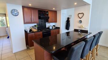 Deluxe Apartment, 3 Bedrooms | Private kitchen | Fridge, microwave, oven, stovetop