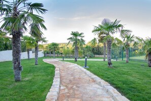 Stroll through the serene garden, surrounded by lush greenery and palm trees.