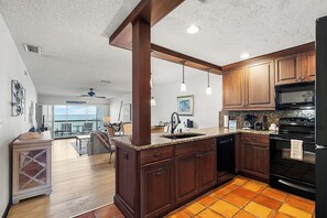 Fridge, microwave, oven, stovetop
