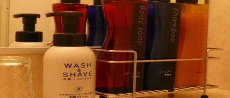 Hair dryer, towels, soap
