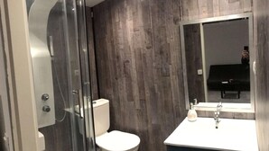 A modern bathroom with a glass shower enclosure, a white toilet, and a vanity with a large mirror. - Meduza Room (Montpellier)