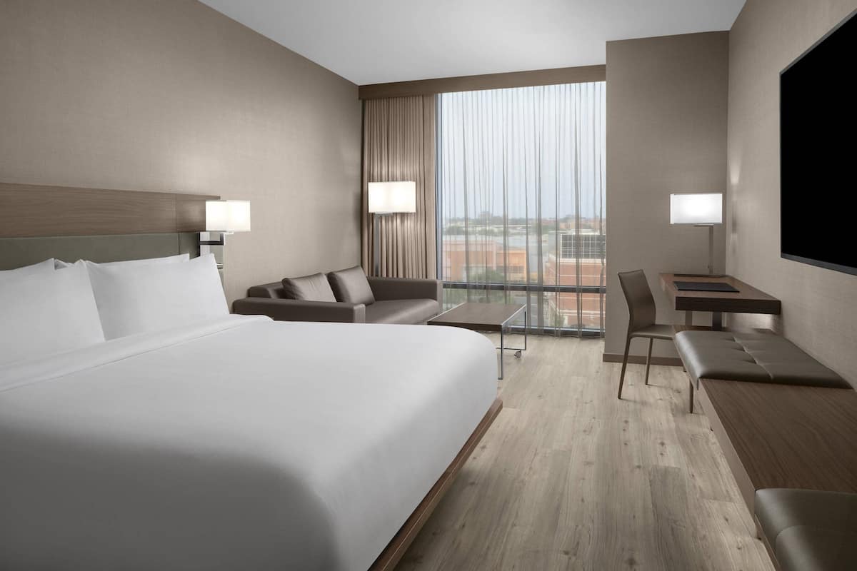 A hotel room with a large bed, a desk, a chair, and a sofa.