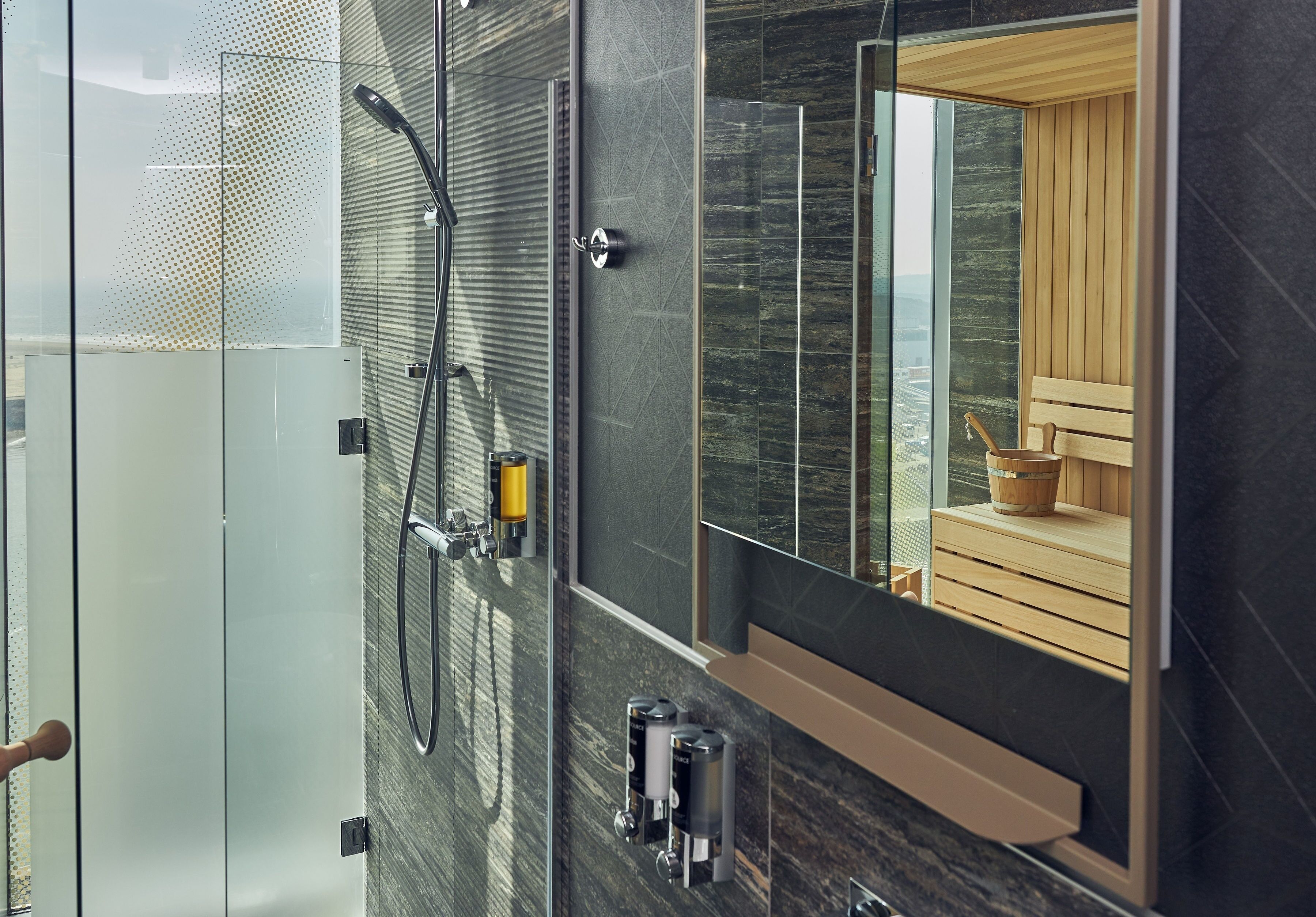 wellness room | bathroom | shower, rainfall showerhead, free toiletries, hair dryer