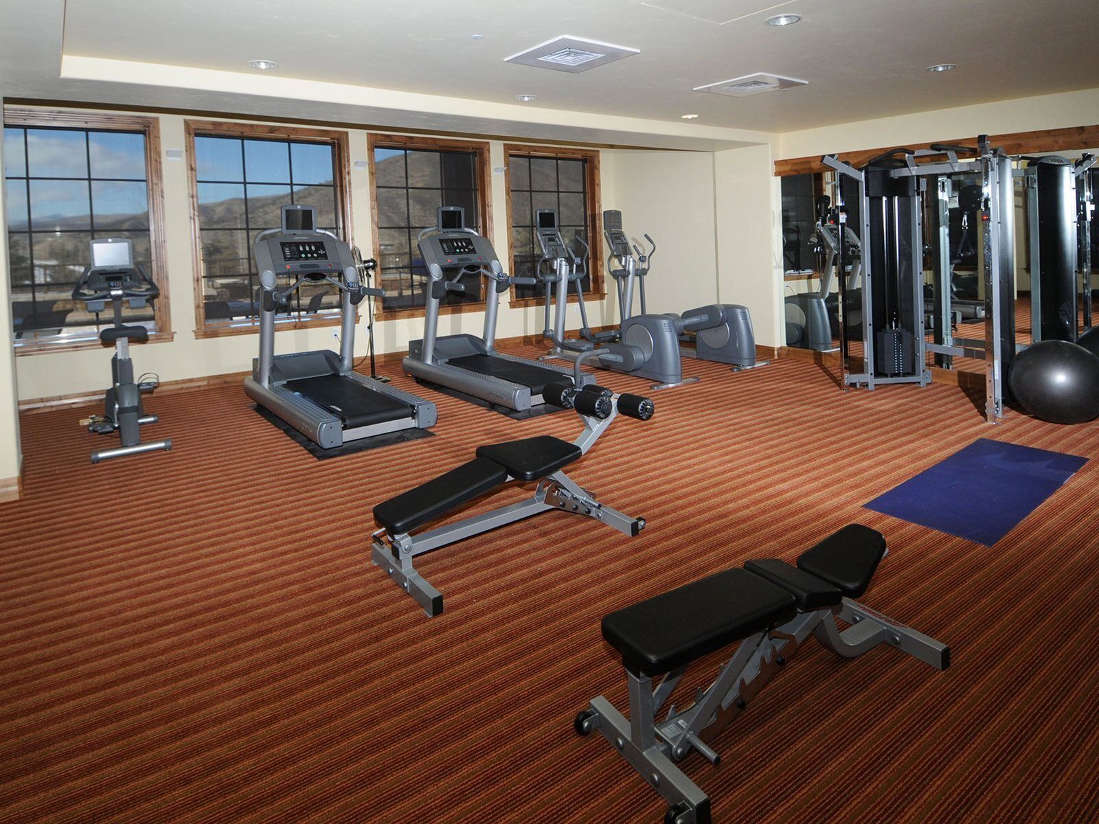 A gym with treadmills, elliptical machines, weight benches, and free weights.