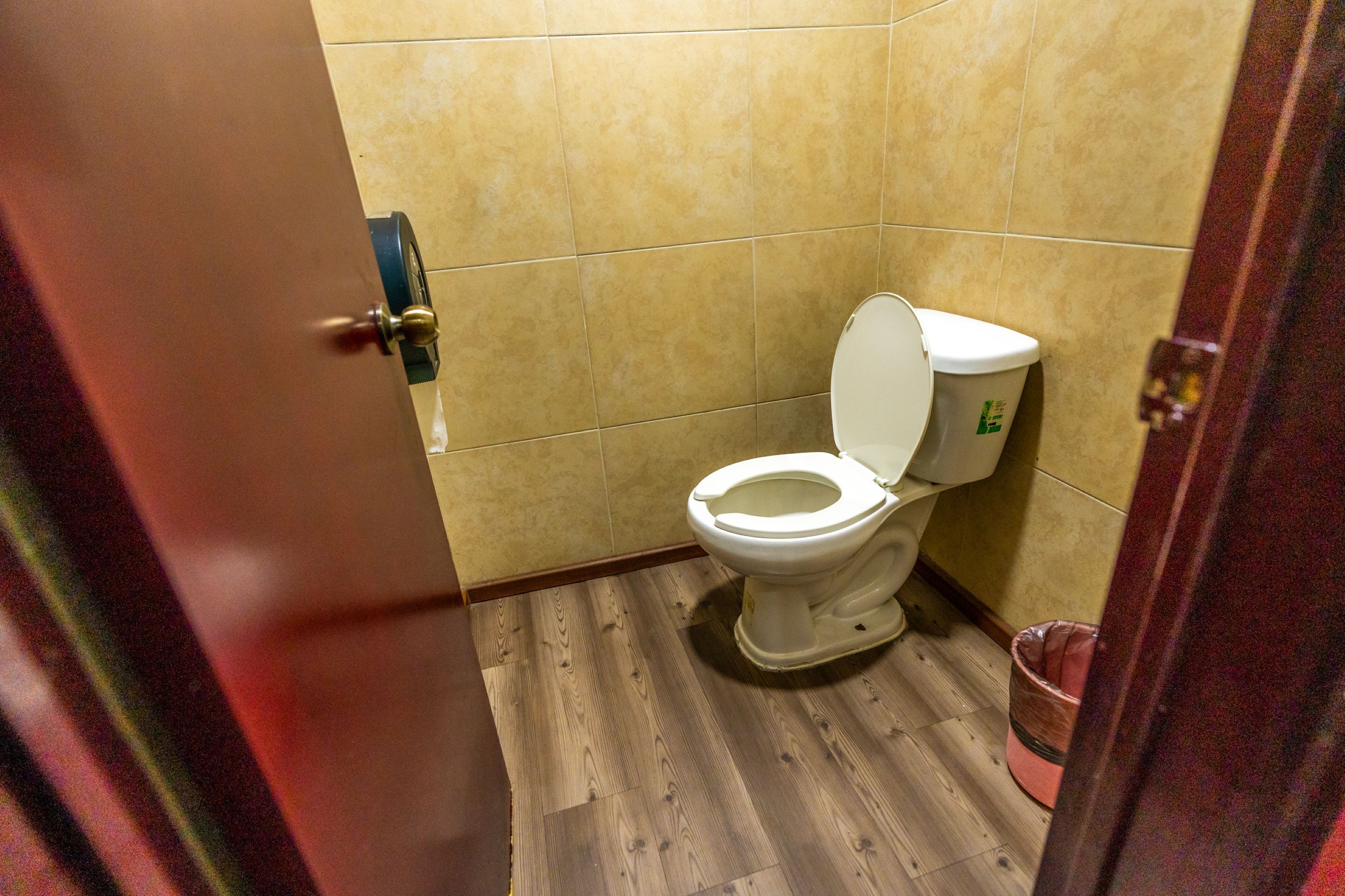 A small bathroom with a wooden floor, a white toilet, and a trash bin.
